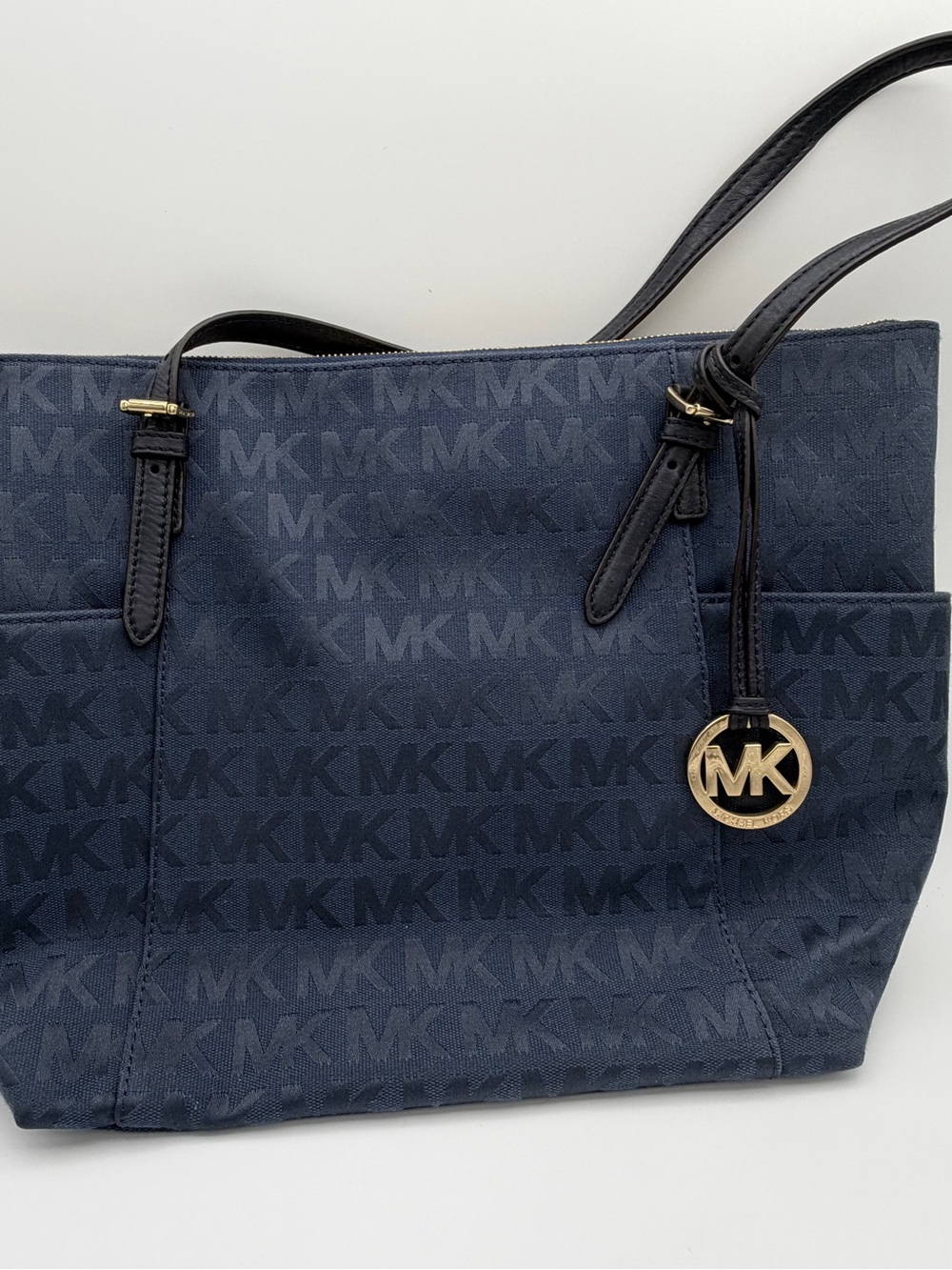 Michael Kors Jet Set Travel Navy MK Logo Jacquard Tote Bag Gold Hardware